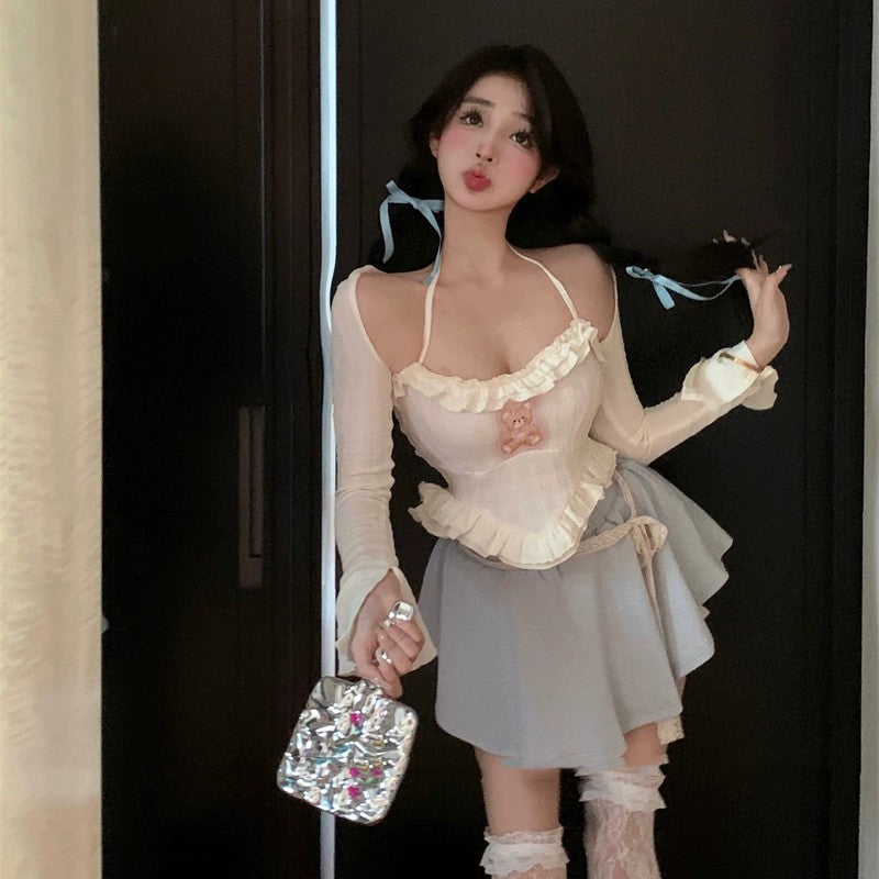 Sweet Bear Three-piece Suspender Cardigan Short Skirt   HA1893