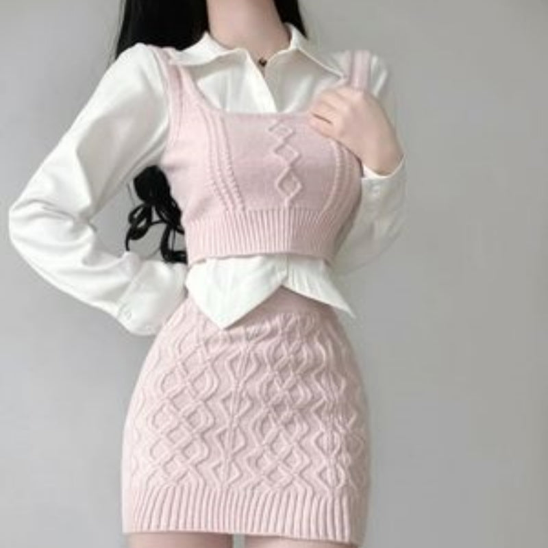 Knitted Vest + White Shirt + Hip Skirt Three-piece Set  HA2204