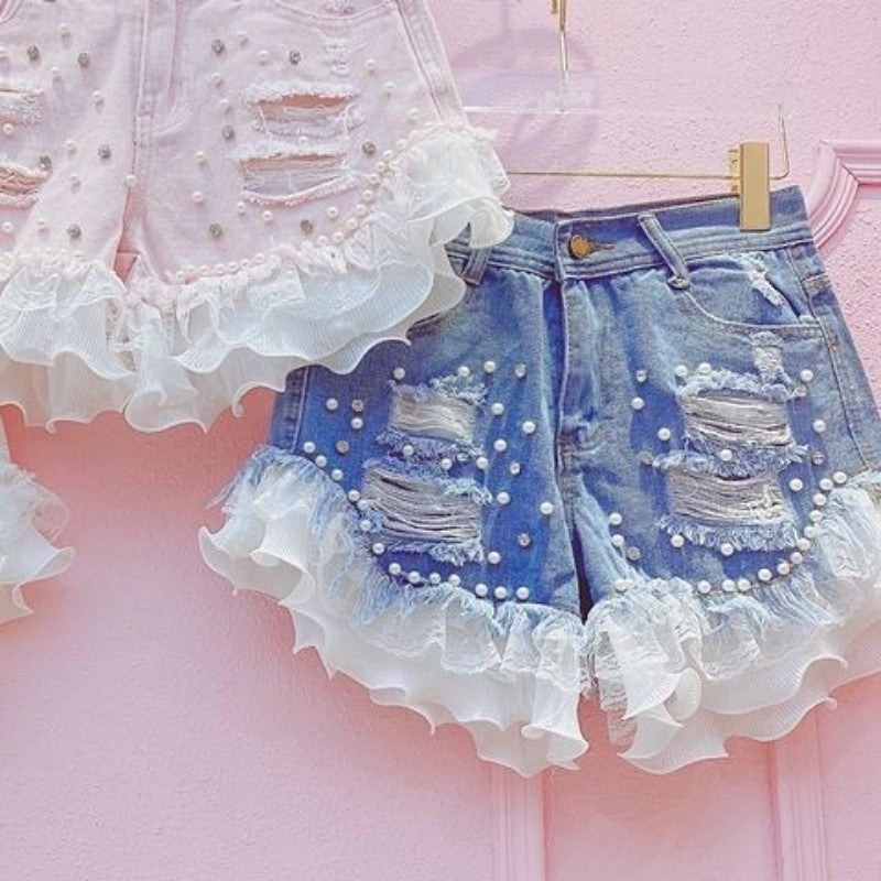 Chiffon lace ripped jeans   HA1840