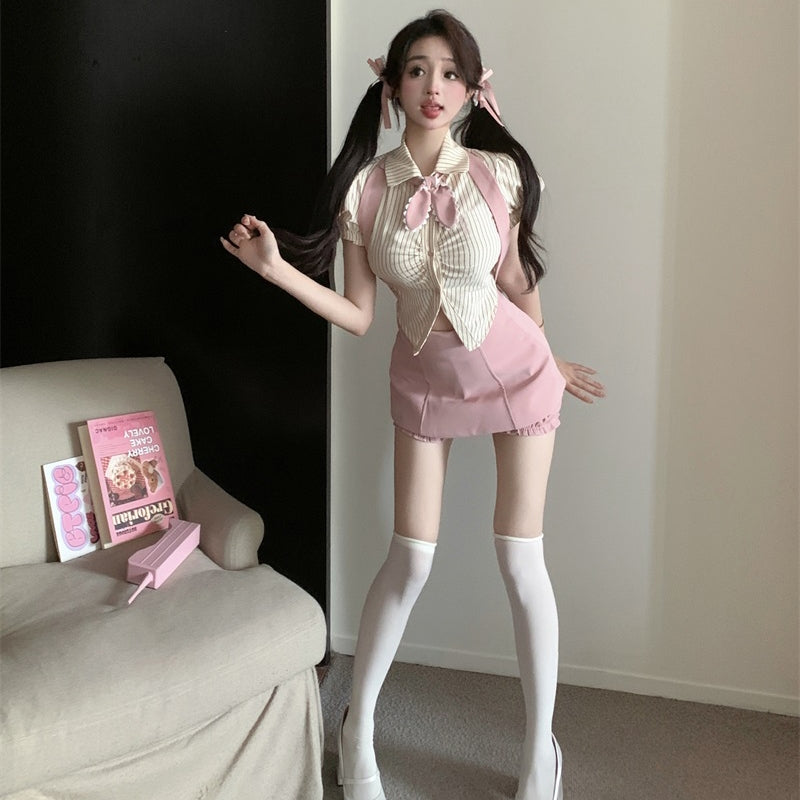 Striped Short Sleeve Shirt Pink Skirt Two-Piece Set  HA2175