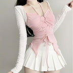 Short Cardigan + Halter Neck Strap + Pleated Skirt Three-piece Suit   HA2163