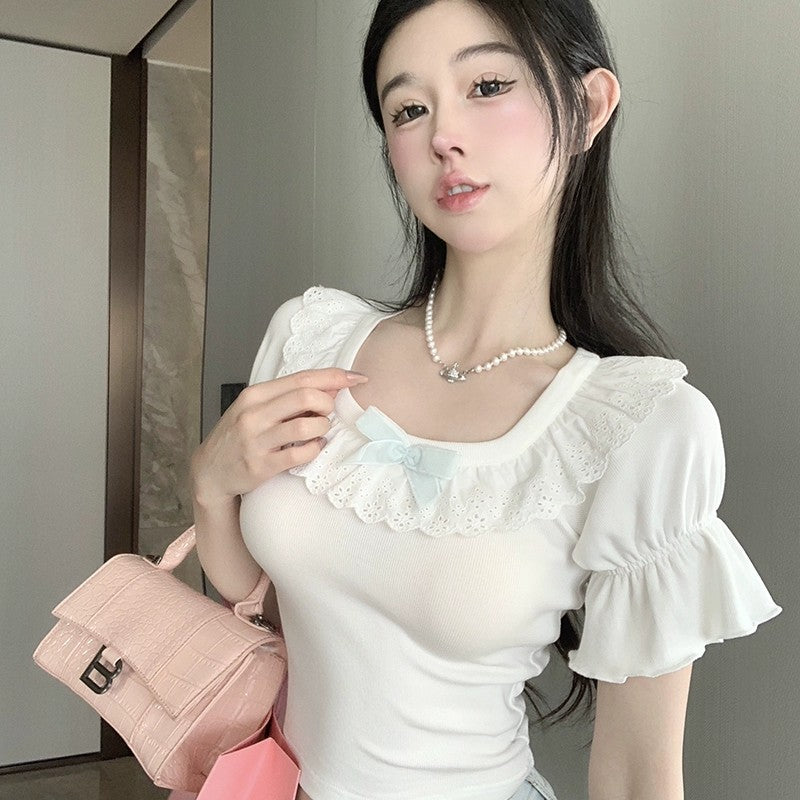 Puff Sleeve U-Neck White T-Shirt HA2039