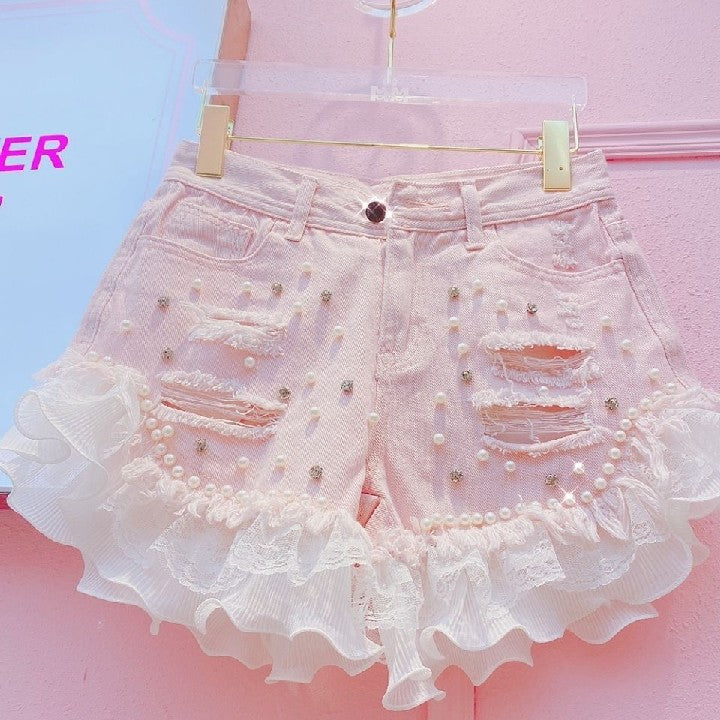 Chiffon lace ripped jeans   HA1840