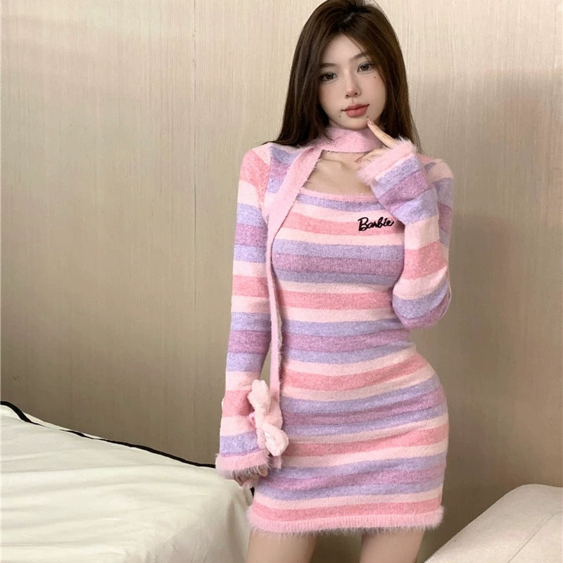 Striped Long Sleeve Halter Neck Dress   HA2162