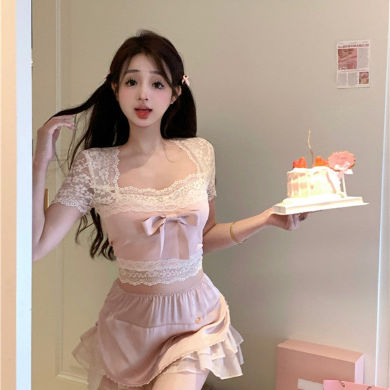 Sweet bow stitching pink T-shirt   HA1868