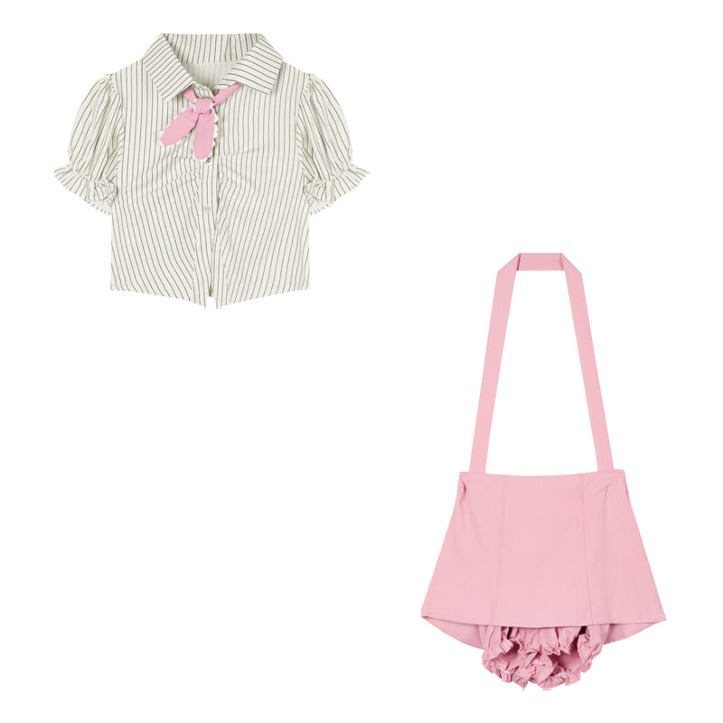 Striped Short Sleeve Shirt Pink Skirt Two-Piece Set  HA2175