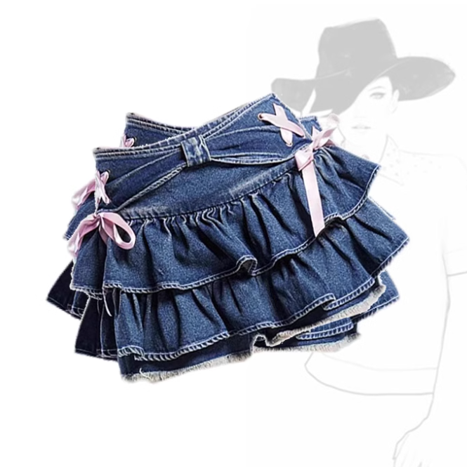 Printed cartoon top + bow denim skirt HA2258