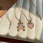 Pink Heartbeat Bear Pendant Necklace HA2404