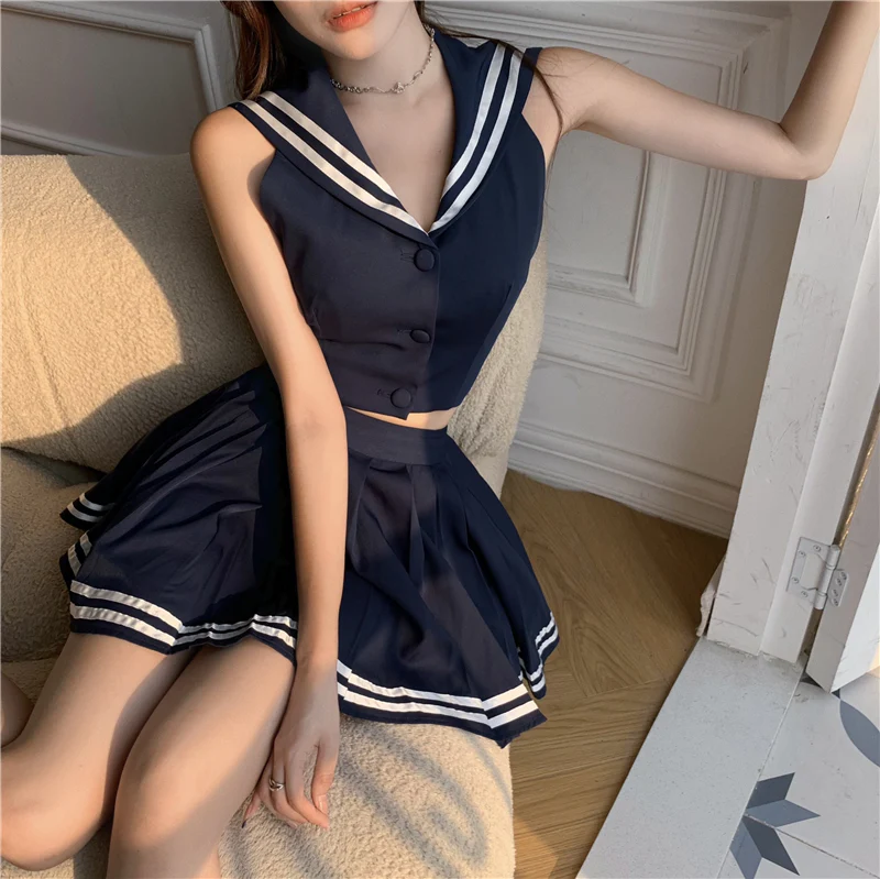 Backless Navy Collar Top Pleated Skirt Two Piece  HA1136