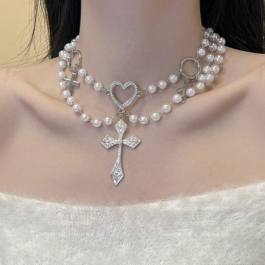 Heart Pearl Necklace Punk Cross   HA1563