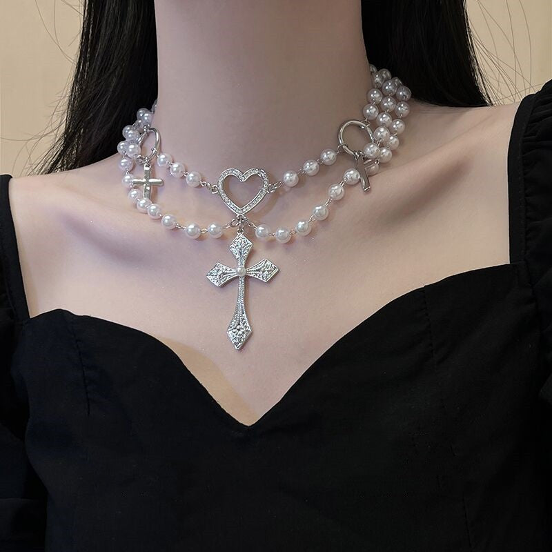Heart Pearl Necklace Punk Cross   HA1563