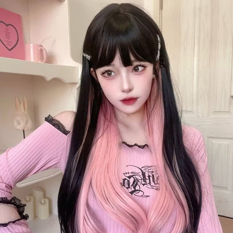 Black Brown Highlighted Rose Pink Long Straight Hair HA1621