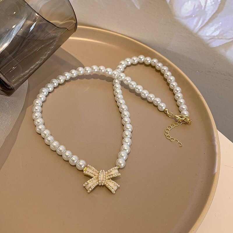 Sweater Chain Pearl Bow Necklace   HA1261