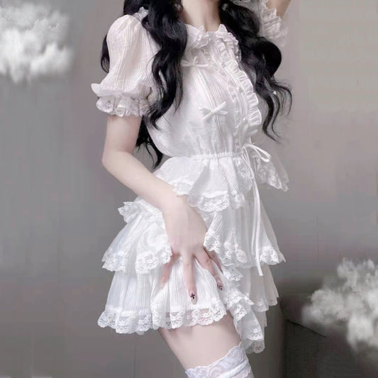 White doll collar shirt+lace lace cake skirt two -piece suit   HA1097