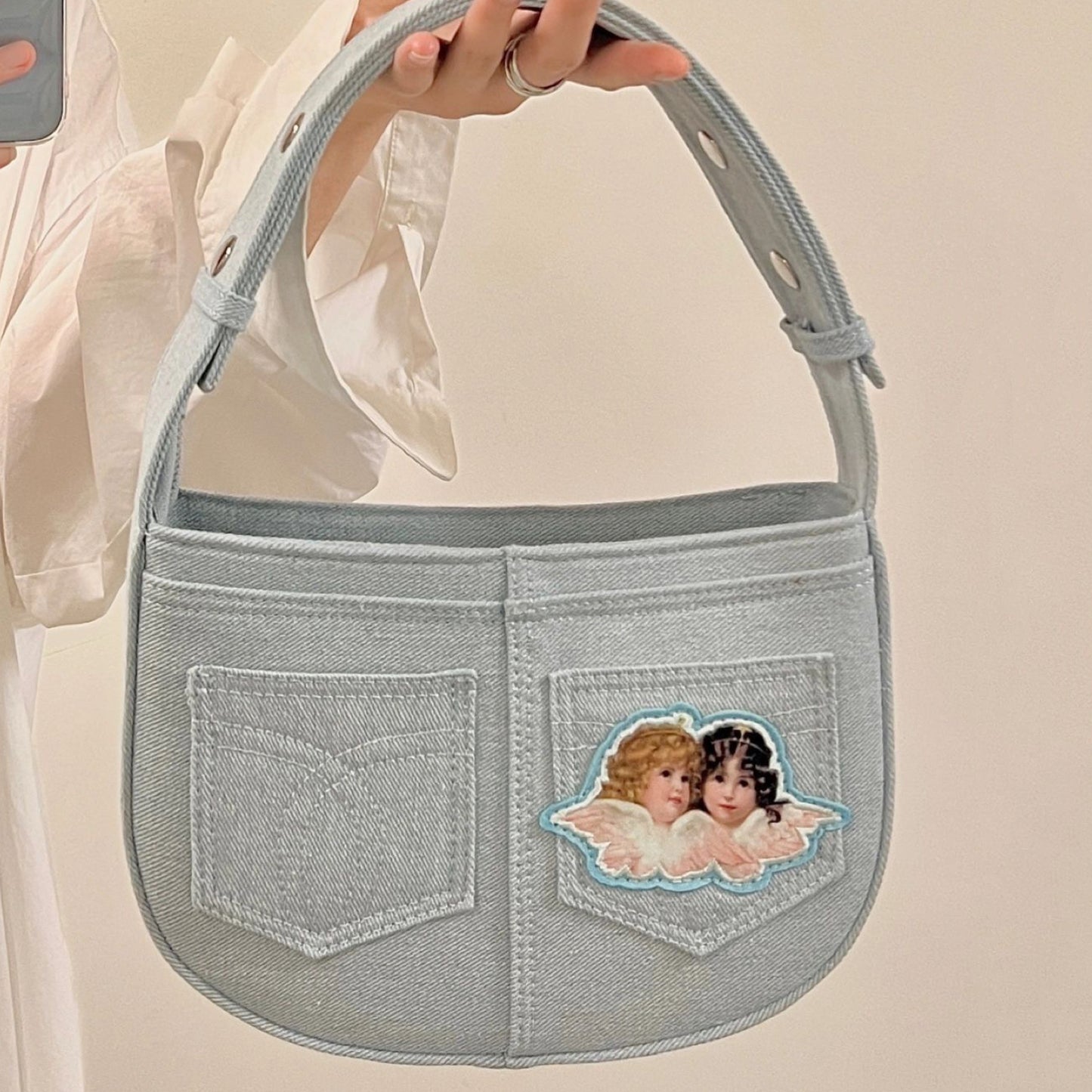 Angel Embroidered Denim Tote   HA1135