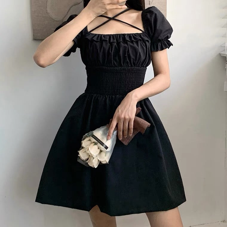 Square neck halterneck white A-line dress  HA0496