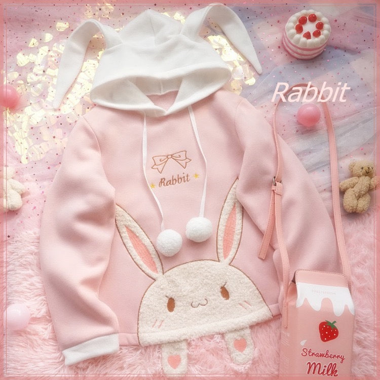 Pink and white bunny ears fleece sweater HA1214