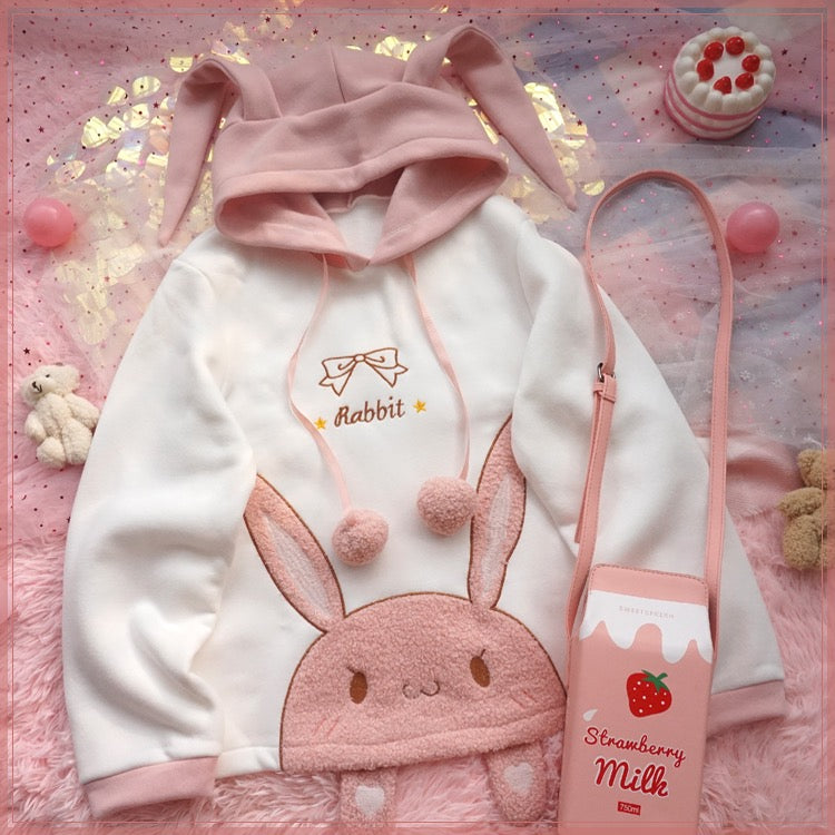 Pink and white bunny ears fleece sweater HA1214