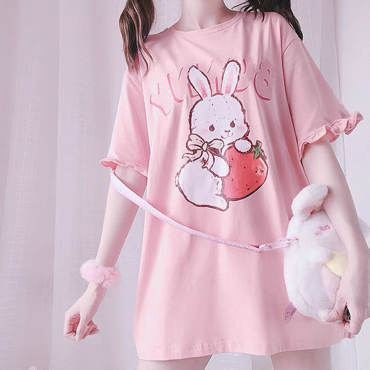 Cute Strawberry Rabbit Lace T-Shirt   HA0547
