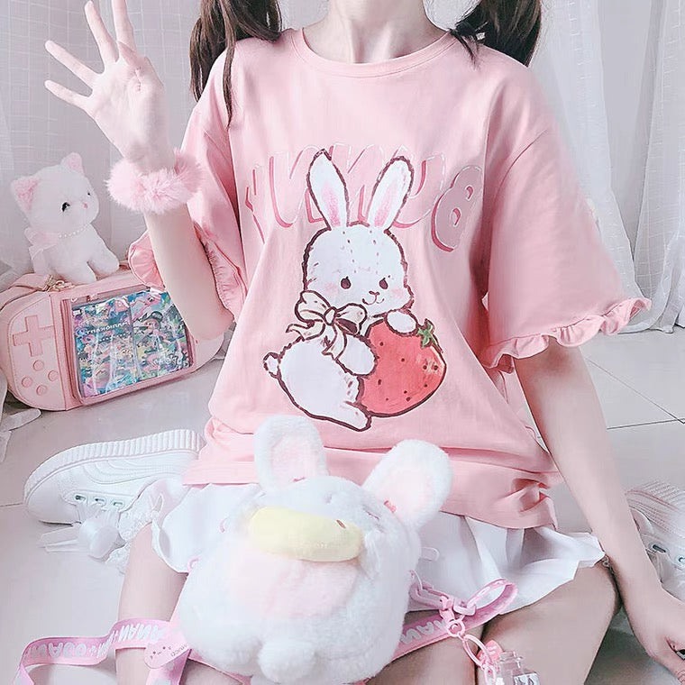 Cute Strawberry Rabbit Lace T-Shirt   HA0547