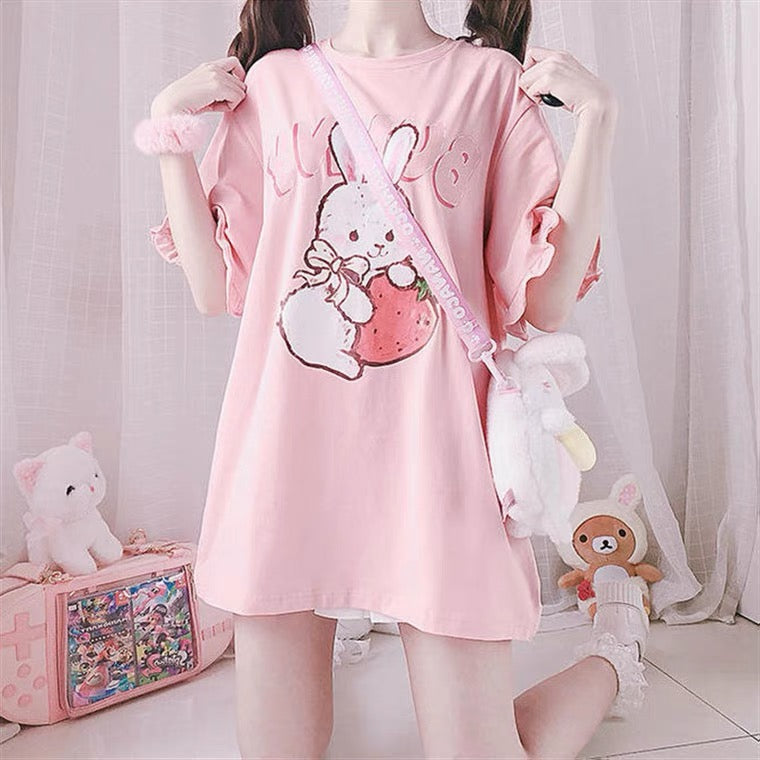 Cute Strawberry Rabbit Lace T-Shirt   HA0547