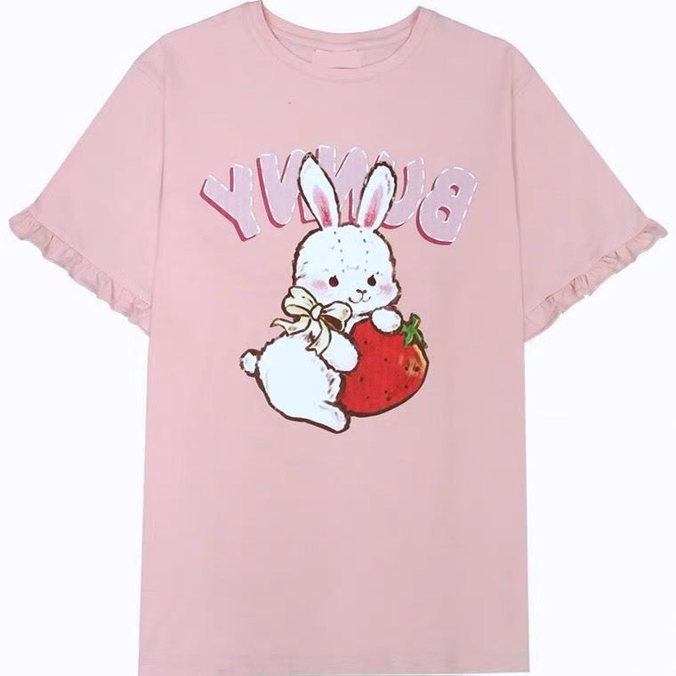 Cute Strawberry Rabbit Lace T-Shirt   HA0547