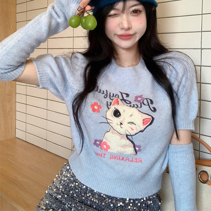 Puff Sleeve Cat Knit Top  HA1233