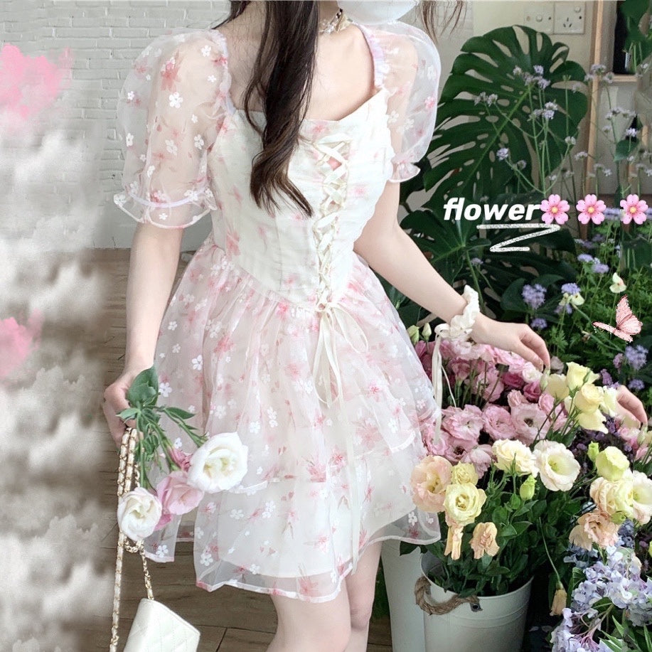 Square Neck Puff Sleeve Floral Dress  HA0665