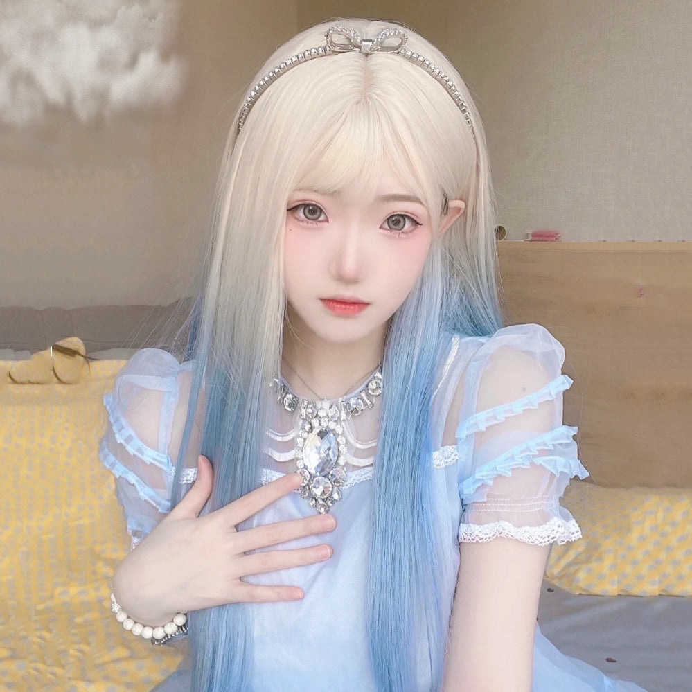 Apricot Gradient Light Blue Long Straight Wig  HA0690