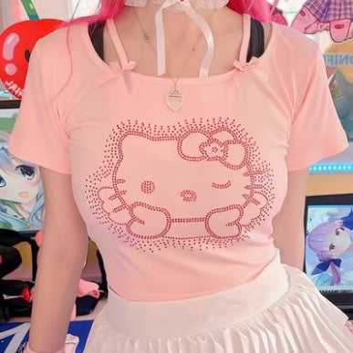 Kitten Rhinestone Short Sleeve T-Shirt  HA0704