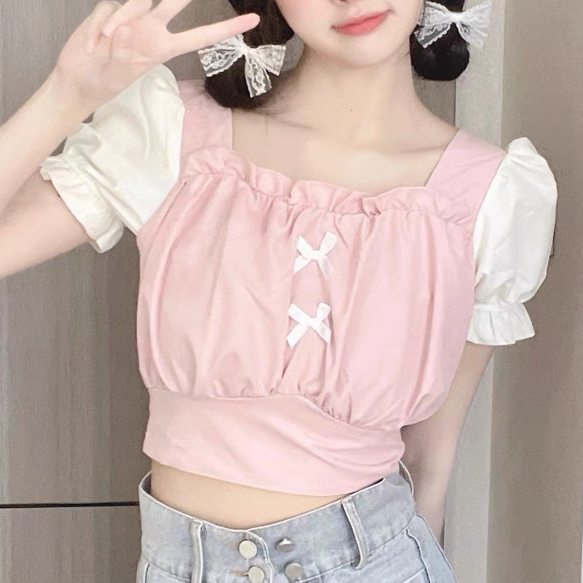 Sweet Bow Bubble Short Sleeve Top  HA0731