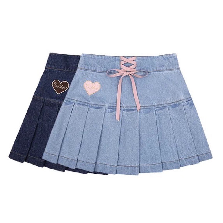 Cute denim bow pleated skirt  HA0745