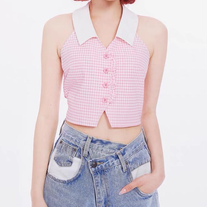 Sweet and Spicy Sleeveless Pink Check Top  HA0804