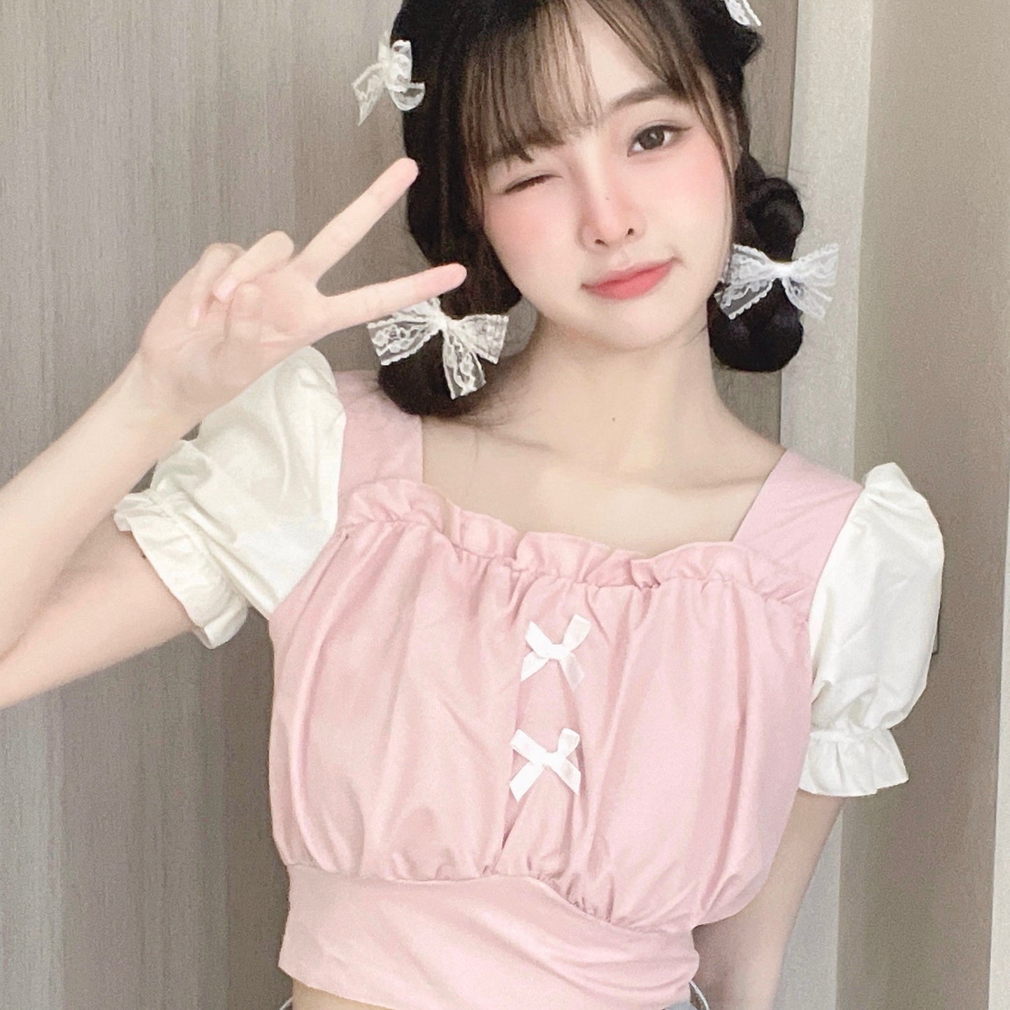 Sweet Bow Bubble Short Sleeve Top  HA0731