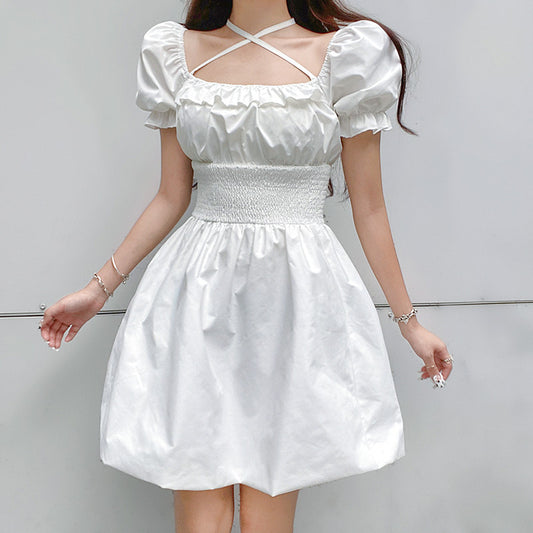 Square neck halterneck white A-line dress  HA0496