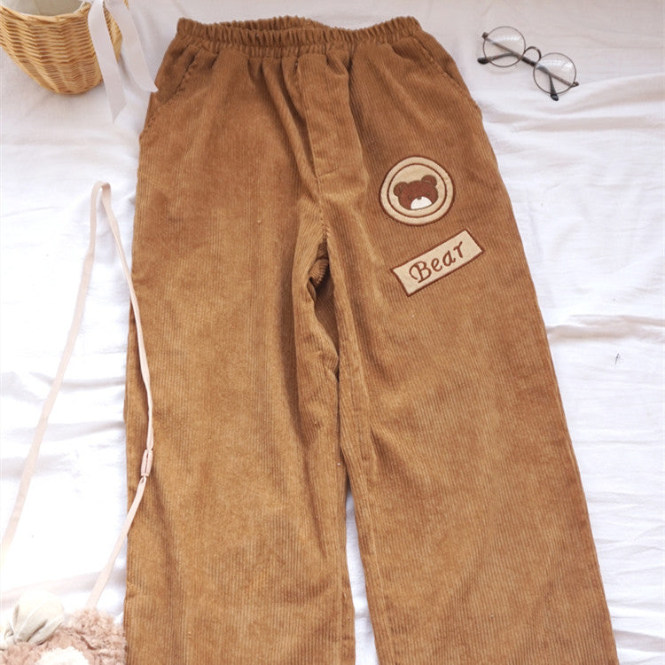 Cute Bear Corduroy Wide Leg Pants   HA1203