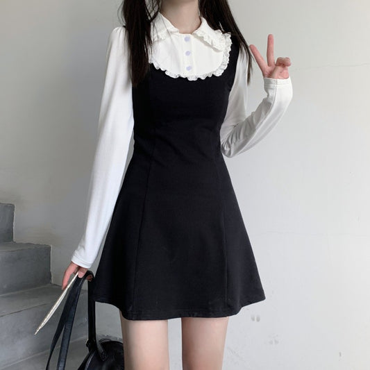 Lace collar color block dress   HA1453