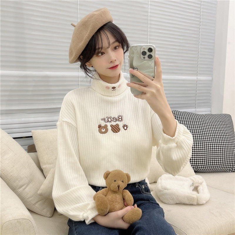 Fleece embroidered turtleneck T-shirt   HA1414