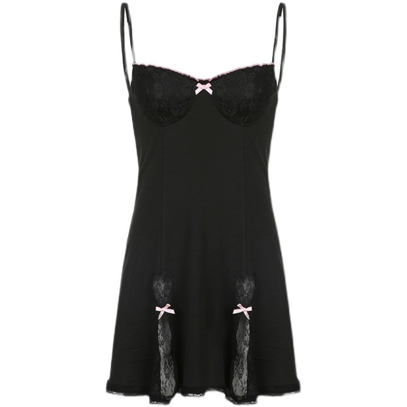 Low cut black suspender dress with slits   HA1709