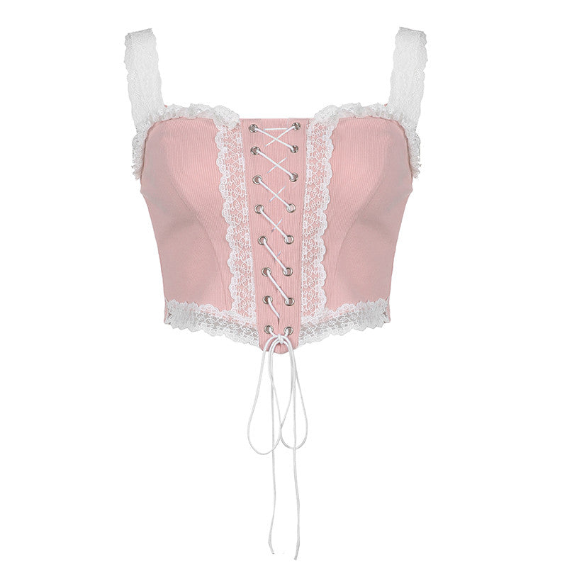 Dreamy Pink Lace Sling Waist Top   HA1077