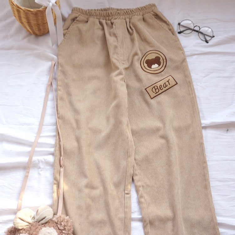 Cute Bear Corduroy Wide Leg Pants   HA1203