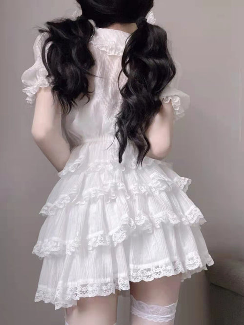 White doll collar shirt+lace lace cake skirt two -piece suit   HA1097