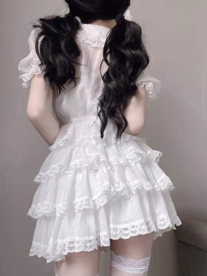 White doll collar shirt+lace lace cake skirt two -piece suit   HA1097