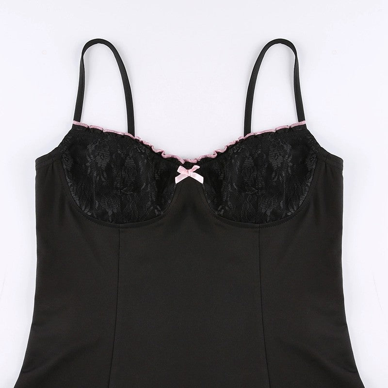 Low cut black suspender dress with slits   HA1709