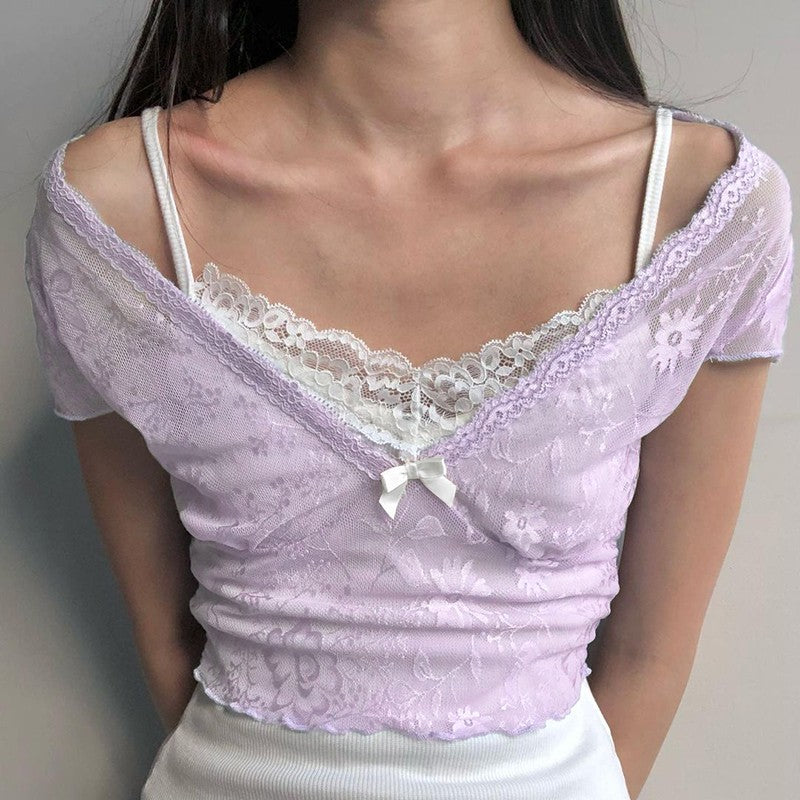 Paneled two-piece short-sleeve top T-shirt   HA1708