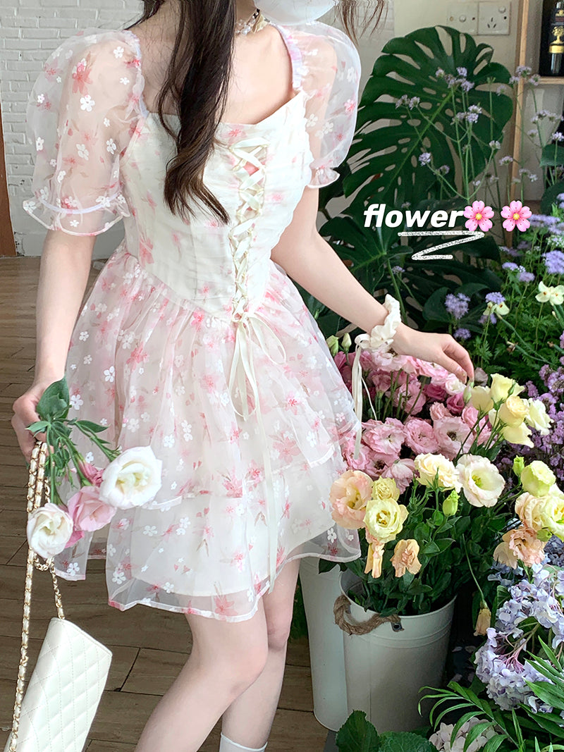 Square Neck Puff Sleeve Floral Dress  HA0665