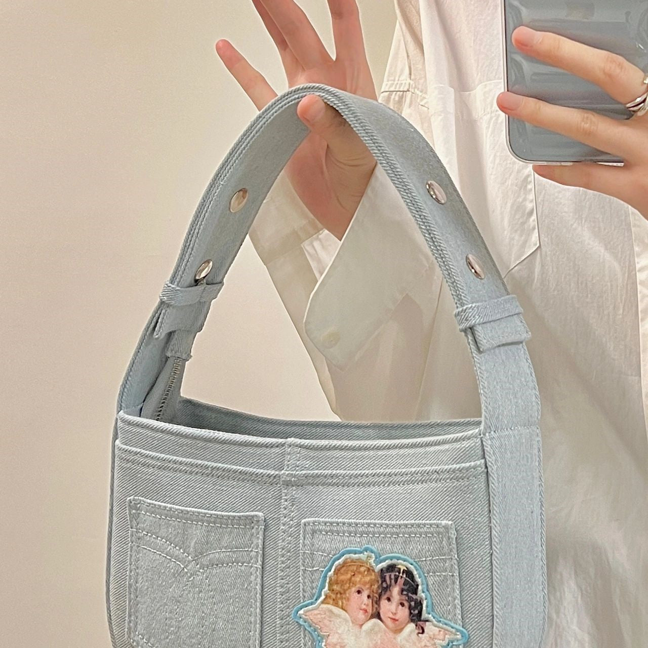 Angel Embroidered Denim Tote   HA1135