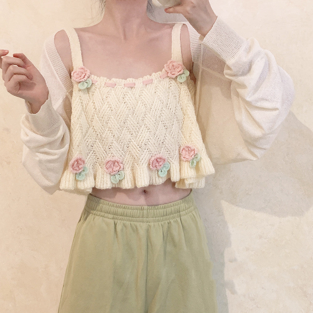 Flower Basket Beige Knit Tank Top  HA0421