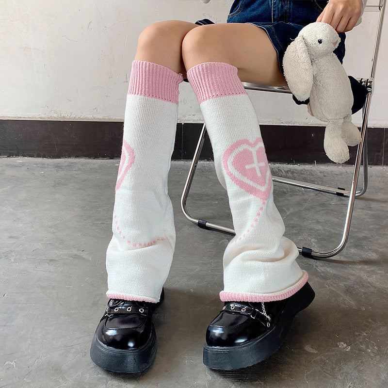White Cross Heart Calf Socks   HA1070