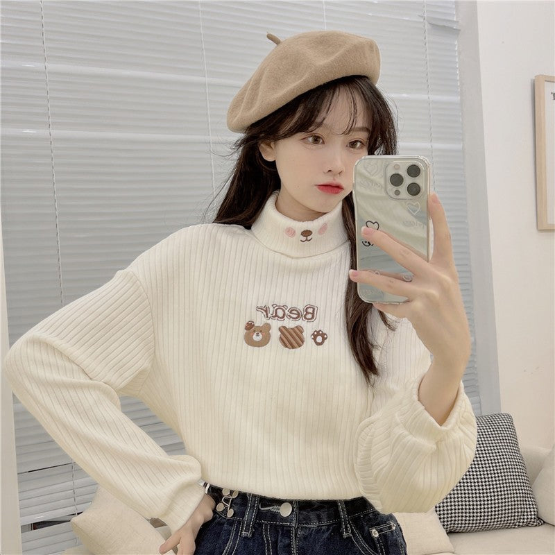 Fleece embroidered turtleneck T-shirt   HA1414